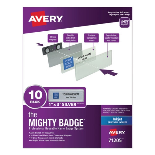 Picture of The Mighty Badge Name Badge Holder Kit, Horizontal, 3 X 1, Inkjet, Silver, 10 Holders/ 80 Inserts