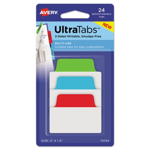 Picture of Ultra Tabs Repositionable Tabs, Standard: 2" x 1.5", 1/5-Cut, Assorted Colors (Blue, Green and Red), 24/Pack