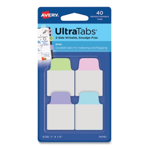 Picture of Ultra Tabs Repositionable Tabs, Mini Tabs: 1" x 1.5", 1/5-Cut, Assorted Pastel Colors, 40/Pack