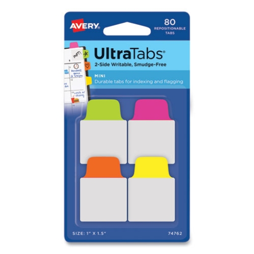 Picture of Ultra Tabs Repositionable Tabs, Mini Tabs: 1" x 1.5", 1/5-Cut, Assorted Neon Colors, 80/Pack