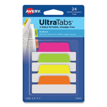 Picture of Ultra Tabs Repositionable Tabs, Margin Tabs: 2.5" x 1", 1/5-Cut, Assorted Neon Colors, 24/Pack