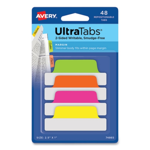 Picture of Ultra Tabs Repositionable Tabs, Margin Tabs: 2.5" x 1", 1/5-Cut, Assorted Neon Colors, 48/Pack