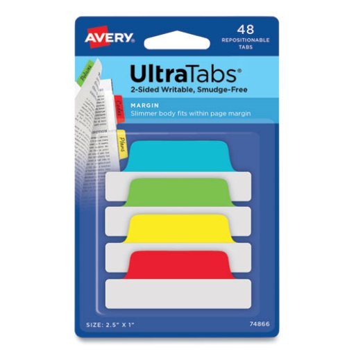 Picture of Ultra Tabs Repositionable Tabs, Margin Tabs: 2.5" x 1", 1/5-Cut, Assorted Colors, 48/Pack