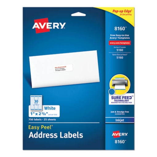 Picture of Easy Peel White Address Labels W/ Sure Feed Technology, Inkjet Printers, 1 X 2.63, White, 30/sheet, 25 Sheets/pack