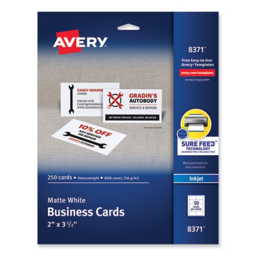 Picture of printable microperforated business cards w/sure feed technology, inkjet, 2 x 3.5, white,  250 cards, 10/sheet, 25 sheets/pack