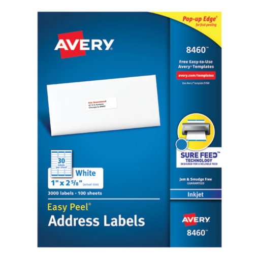 Picture of Easy Peel White Address Labels W/ Sure Feed Technology, Inkjet Printers, 1 X 2.63, White, 30/sheet, 100 Sheets/box