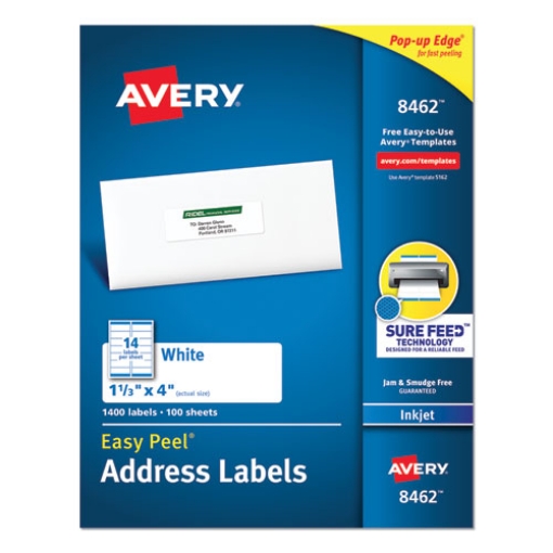 Picture of Easy Peel White Address Labels W/ Sure Feed Technology, Inkjet Printers, 1.33 X 4, White, 14/sheet, 100 Sheets/box