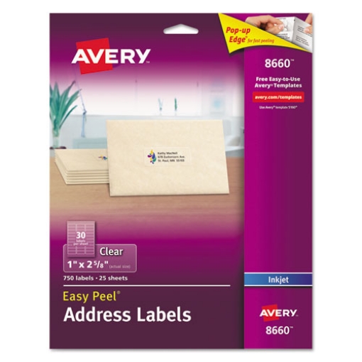 Picture of Matte Clear Easy Peel Mailing Labels W/ Sure Feed Technology, Inkjet Printers, 1 X 2.63, Clear, 30/sheet, 25 Sheets/pack