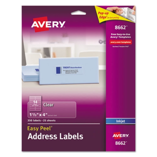 Picture of Matte Clear Easy Peel Mailing Labels W/ Sure Feed Technology, Inkjet Printers, 1.33 X 4, Clear, 14/sheet, 25 Sheets/pack