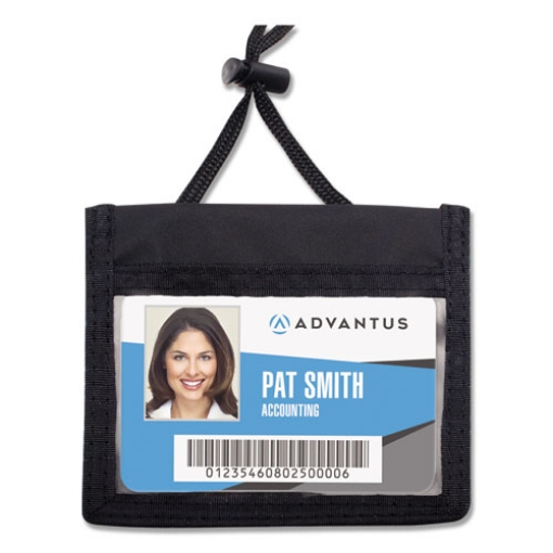 Picture of ID Badge Holders with Convention Neck Pouch, Horizontal, Black/Clear 5" x 4.25" Holder, 2.75" x 4" Insert, 48" Cord, 12/Pack