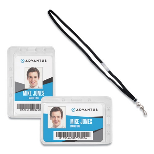 Picture of Antimicrobial ID Security Badge Lanyard Combo, Horizontal, Clear 4.13" x 2.88" Holder, 3.5" x 2.25" Insert, 36" Cord, 20/Pack