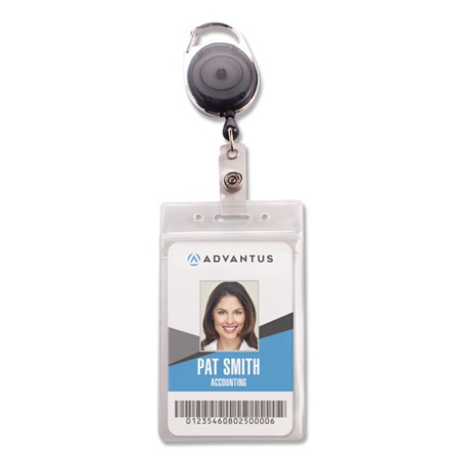 Picture of Resealable Badge Holder Combo Pack with Badge Reel, 30" Cord, Vertical, Frost 2.68" x 5" Holder, 2.38" x 3.75" Insert, 10/PK