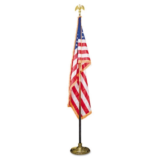 Picture of Deluxe U.S. Flag and Staff Set, 60" x 36" Flag, 8 ft Oak Staff, 2" Gold Fringe, 7" Goldtone Eagle, Heavyweight Nylon