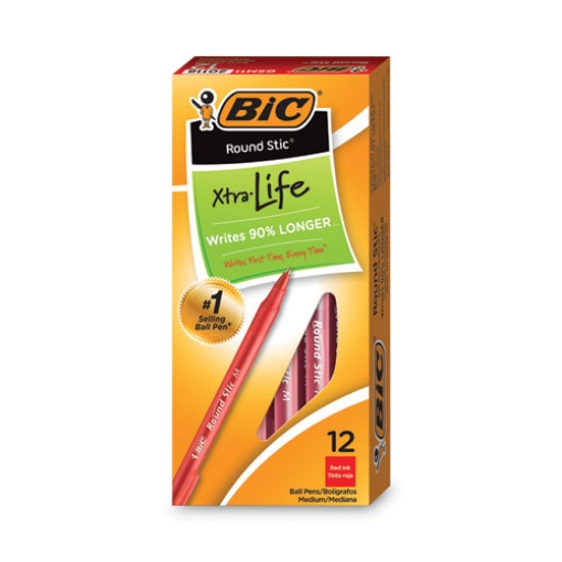 Picture of Round Stic Xtra Life Ballpoint Pen, Stick, Medium 1 Mm, Red Ink, Translucent Red Barrel, Dozen