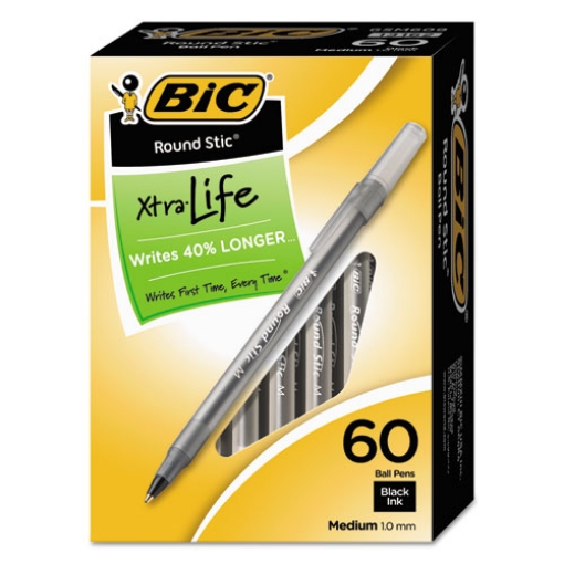 Picture of Round Stic Xtra Life Ballpoint Pen Value Pack, Stick, Medium 1 mm, Black Ink, Translucent Frost Barrel, 60/Box