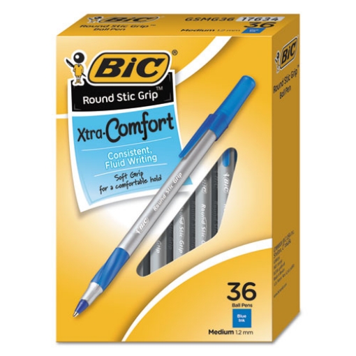 Picture of Round Stic Grip Xtra Comfort Ballpoint Pen Value Pack, Easy-Glide, Stick, Medium 1.2 Mm, Blue Ink, Gray/blue Barrel, 36/pack