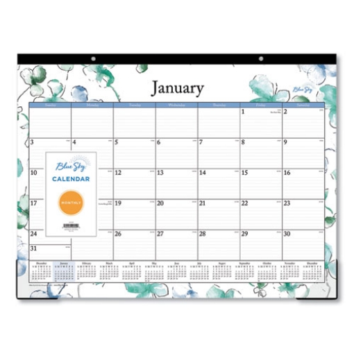 Picture of Lindley Desk Pad, Floral Artwork, 22 x 17, White/Blue/Green Sheets, Black Binding, Clear Corners, 12-Month (Jan-Dec): 2024