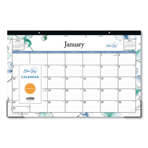 Picture of Lindley Desk Pad, Floral Artwork, 17 x 11, White/Blue/Green Sheets, Black Binding, Clear Corners, 12-Month (Jan-Dec): 2024