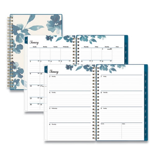 Picture of Bakah Blue Weekly/Monthly Planner, Bakah Blue Floral Artwork, 8 x 5, Blue/White Cover, 12-Month (Jan to Dec): 2024