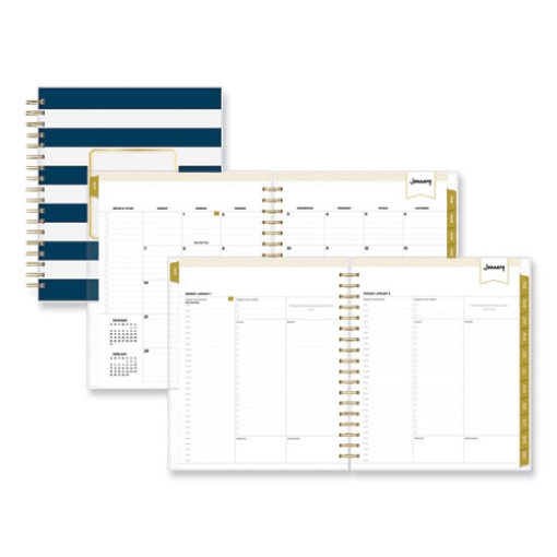 Picture of Day Designer Navy Stripe Daily/Monthly Planner, Navy Stripe Artwork, 10 x 8, Navy/White/Gold Cover, 12-Month (Jan-Dec): 2024