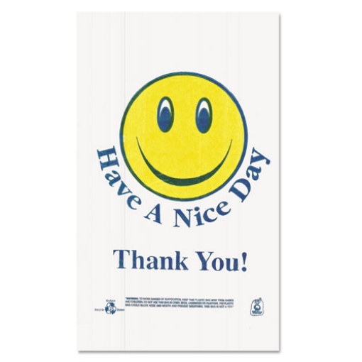 Picture of Smiley Face Shopping Bags, 12.5 Microns, 11.5" X 21", White, 900/carton