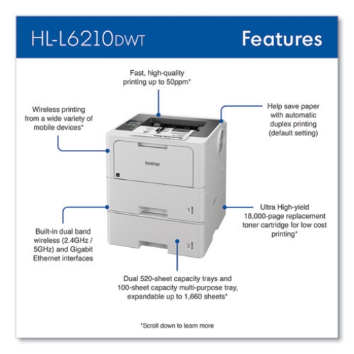 Picture of HL-L6210DWT Business Monochrome Laser Printer with Dual Paper Trays