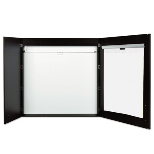 Picture of conference cabinet, porcelain magnetic dry erase board, 48 x 48, white surface, ebony wood frame