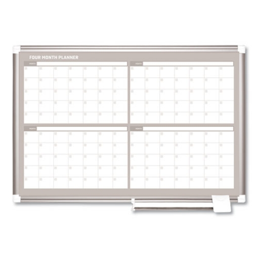 Picture of magnetic dry erase calendar board, four month, 36 x 24, white surface, silver aluminum frame