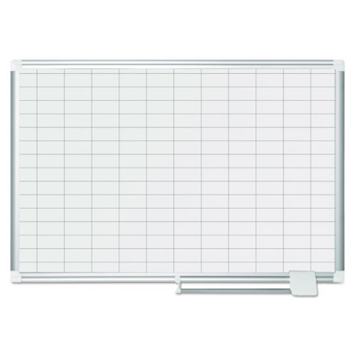 Picture of gridded magnetic steel dry erase planning board, 1 x 2 grid, 36 x 24, white surface, silver aluminum frame