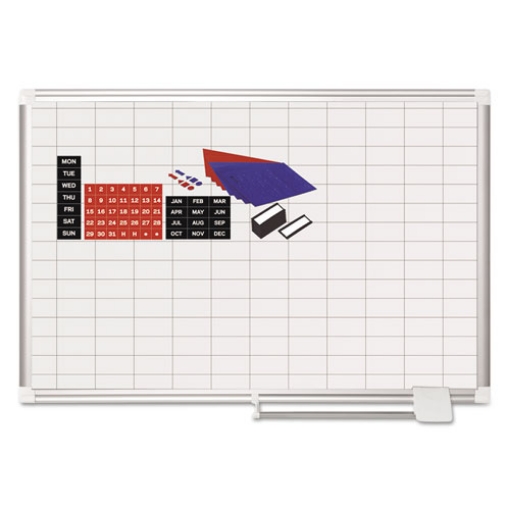 Picture of gridded magnetic steel dry erase planning board with accessories, 1 x 2 grid, 36 x 24, white surface, silver aluminum frame