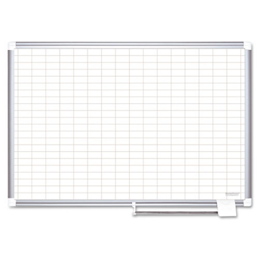 Picture of gridded magnetic steel dry erase planning board, 1 x 2 grid, 48 x 36, white surface, silver aluminum frame