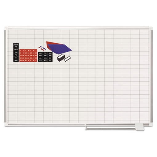 Picture of Gridded Magnetic Steel Dry Erase Planning Board with Accessories, 1 x 2 Grid, 48 x 36, White Surface, Silver Aluminum Frame