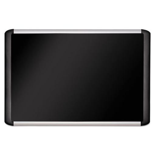 Picture of soft-touch bulletin board, 48 x 36, black fabric surface, aluminum/black aluminum frame