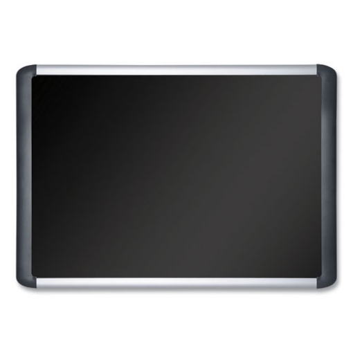 Picture of soft-touch bulletin board, 72 x 48, black fabric surface, aluminum/black aluminum frame