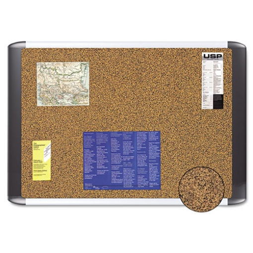 Picture of tech cork board, 72 x 48, tan surface, silver/black aluminum frame