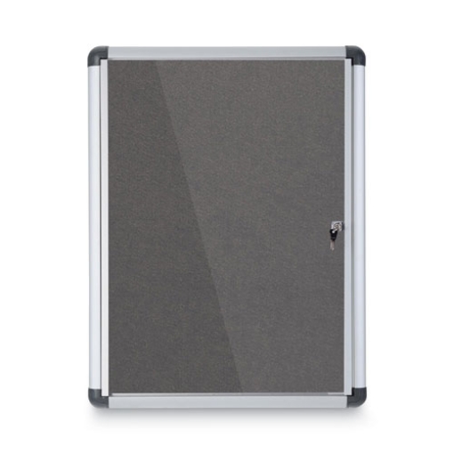 Picture of slim-line enclosed fabric bulletin board, one door, 28 x 38, gray surface, aluminum frame