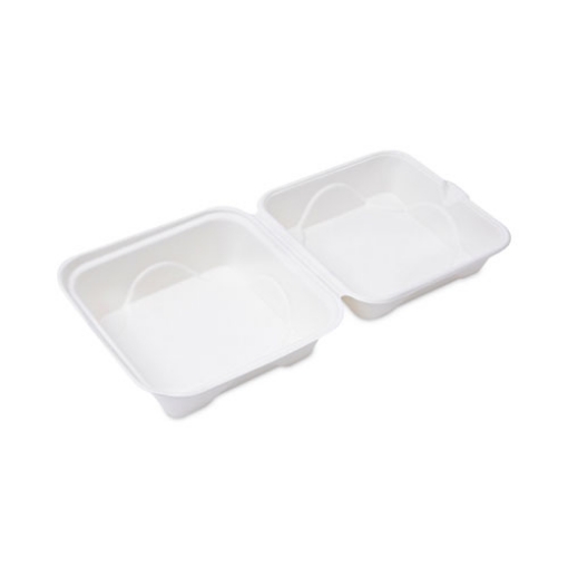 Picture of Bagasse Hinged Clamshell Containers, 6 x 6 x 3, White, Sugarcane, 50/Pack, 10 Packs/Carton