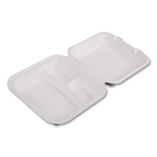 Picture of Vanguard Renewable And Compostable Sugarcane Clamshells, 3-Compartment, 8 X 8 X 3, White, 200/carton