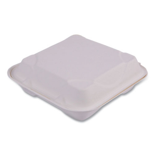 Picture of Bagasse Hinged Clamshell Containers, 9 x 9 x 3, White, Sugarcane, 50/Pack, 4 Packs/Carton