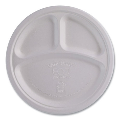 Picture of Vanguard Renewable And Compostable Sugarcane Plates, 3-Compartment, 10" Dia, White, 500/carton