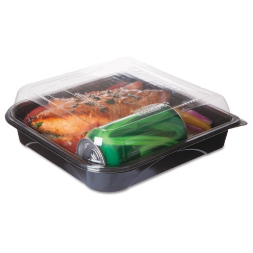 Picture of 100% Recycled Content 9" Premium Take Out Containers, 42 oz, 9 x 8.8 x 1.6, Black/Clear, Plastic, 50/Pack, 3 Packs/Carton