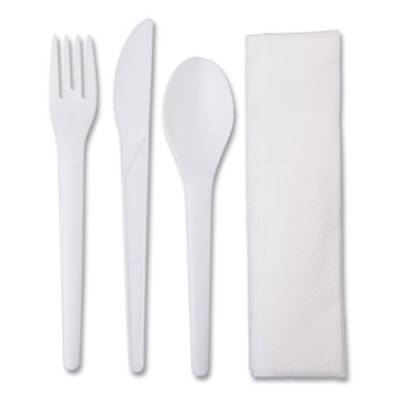 Picture of Plantware Compostable Cutlery Kit, Knife/fork/spoon/napkin, 6", Pearl White, 250 Kits/carton