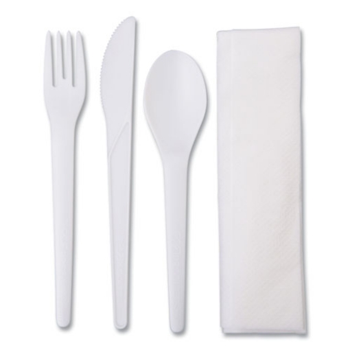 Picture of Plantware Compostable Cutlery Kit, Knife/fork/spoon/napkin, 6", Pearl White, 250 Kits/carton