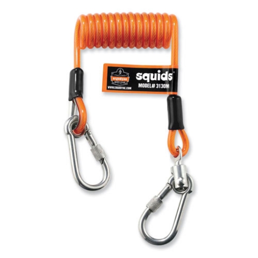 Picture of Squids 3130M Coiled Cable Lanyard with Carabiners, 5 lb Max Working Capacity, 6.5" to 48", Orange, Ships in 1-3 Business Days