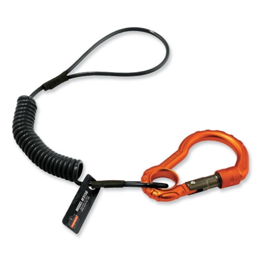 Picture of Squids 3156 Coiled Tool Lanyard with Carabiner, 2 lb Max Work Capacity, 12" to 48", Black/Orange, Ships in 1-3 Business Days