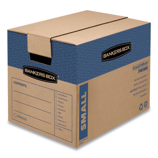 Picture of SmoothMove Prime Moving/Storage Boxes, Hinged Lid, Regular Slotted Container, Small, 12" x 16" x 12", Brown/Blue, 15/Carton