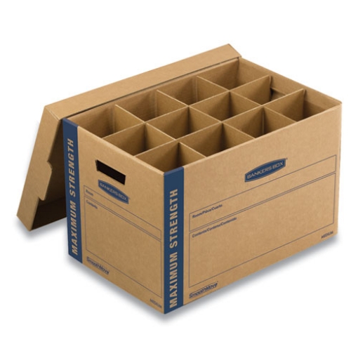 Picture of SmoothMove Kitchen Moving Kit with Dividers + Foam, Half Slotted Container (HSC), Medium, 12.25" x 18.5" x 12", Brown/Blue