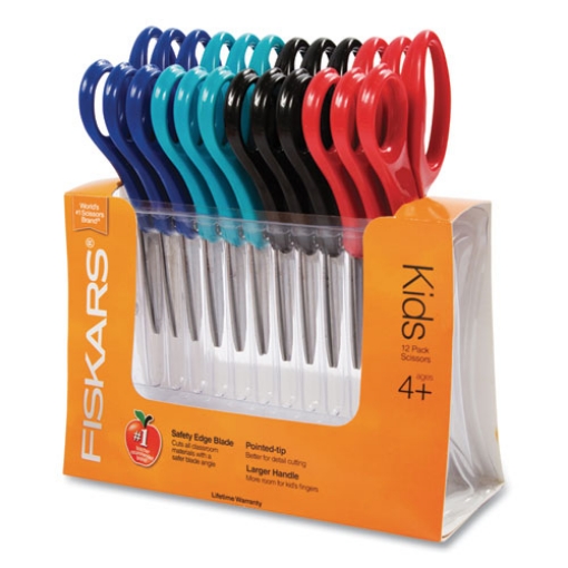 Picture of Kids Scissors Classpack, Pointed Tip, 5" Long, 1.75" Cut Length, Straight Handles, Assorted Colors, 12/Pack