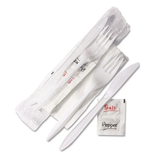 Picture of Wrapped Cutlery Kit, 6.25", Fork/knife/napkin/salt/pepper, Polypropylene, White, 500/carton