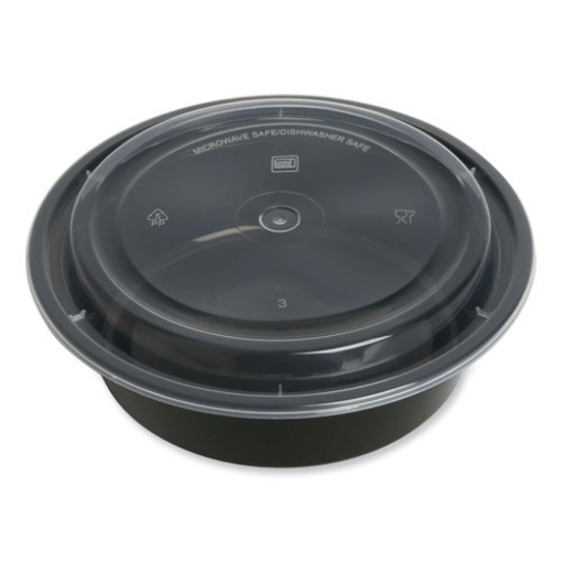 Picture of Microwavable Food Container with Lid, Round, 32 oz, 7.28 x 7.28 x 2.55, Black/Clear, Plastic, 150/Carton